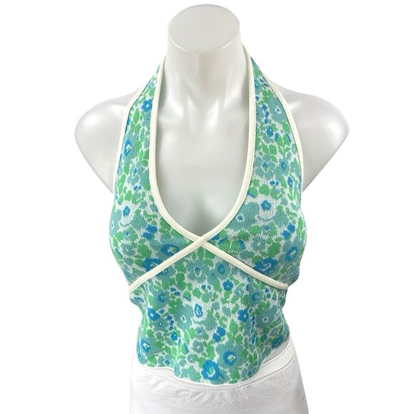 Zara Blue Green Floral Halter Sleeveless Scoop Neck Open Back Crop Top Size S - Picture 1 of 3